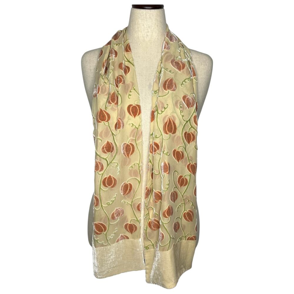 Camilla Ridley Women's Scarf Velvet Mesh Beige Art Nouveau Floral Silk ENGLAND - Picture 1 of 7